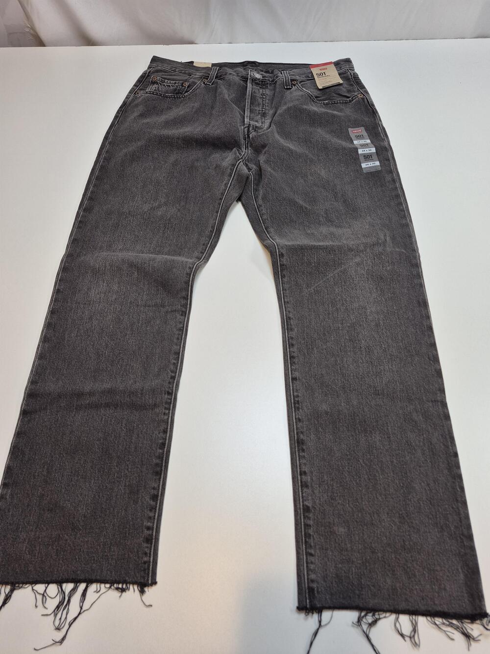 Levis 501 Original Jeans 34x30 Charcoal Wash High Rise Straight Leg Frayed Leg